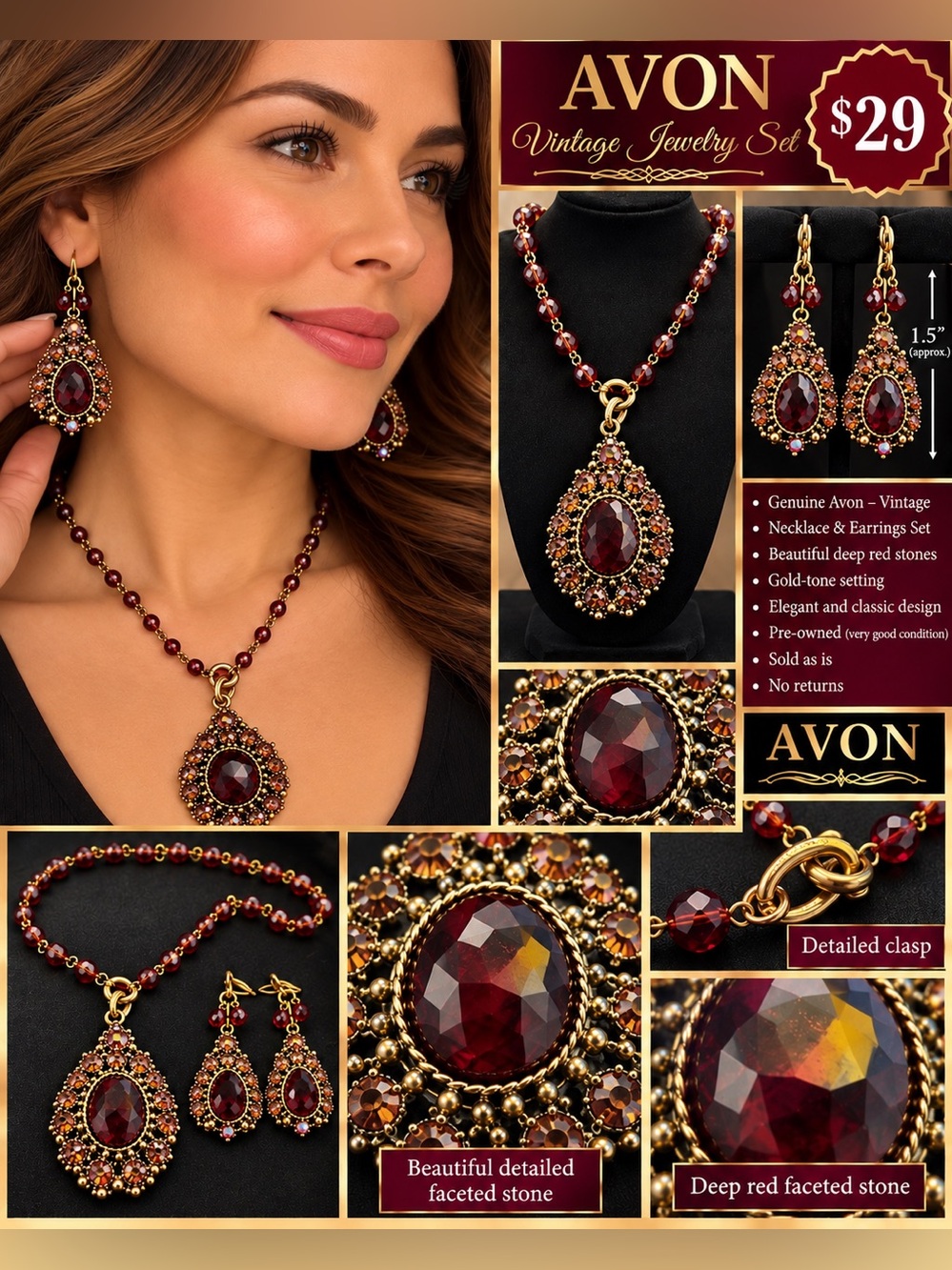 3pcs Avon Deep Red and Gold PENDANT Necklace Set